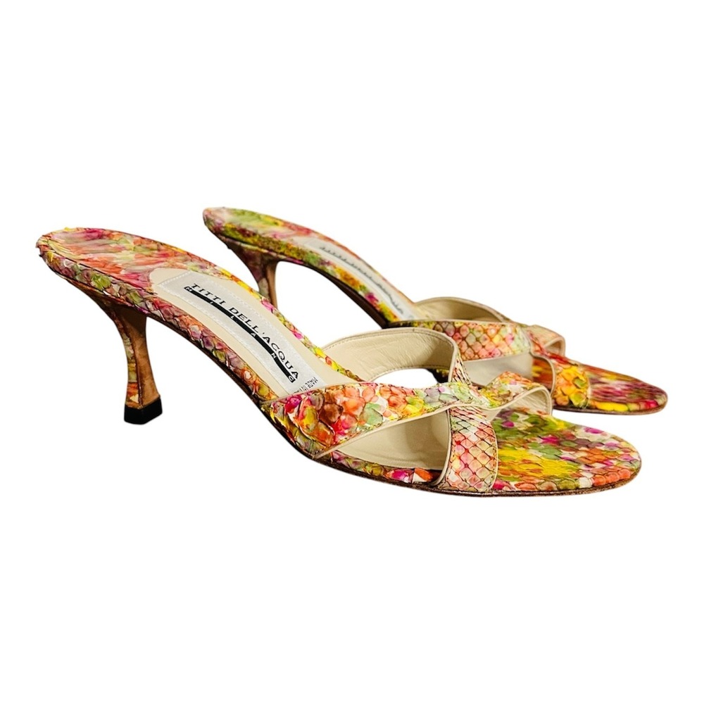 Titti Dell'Acqua Milano Vintage Snakeskin Floral Kitten Heels Mules Italy 36.5